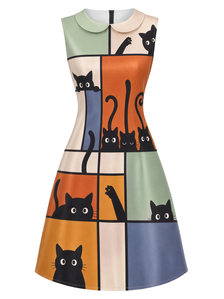 1960s Abstract Art Cat Print Peter Pan Collar A-Line Dress, vintage dress, retro fashion - vintage inspired fashion
