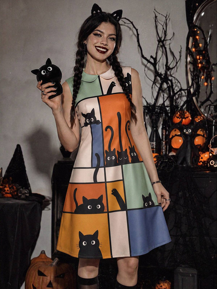 1960s Abstract Art Cat Print Peter Pan Collar A-Line Dress, vintage dress, retro fashion - vintage inspired fashion