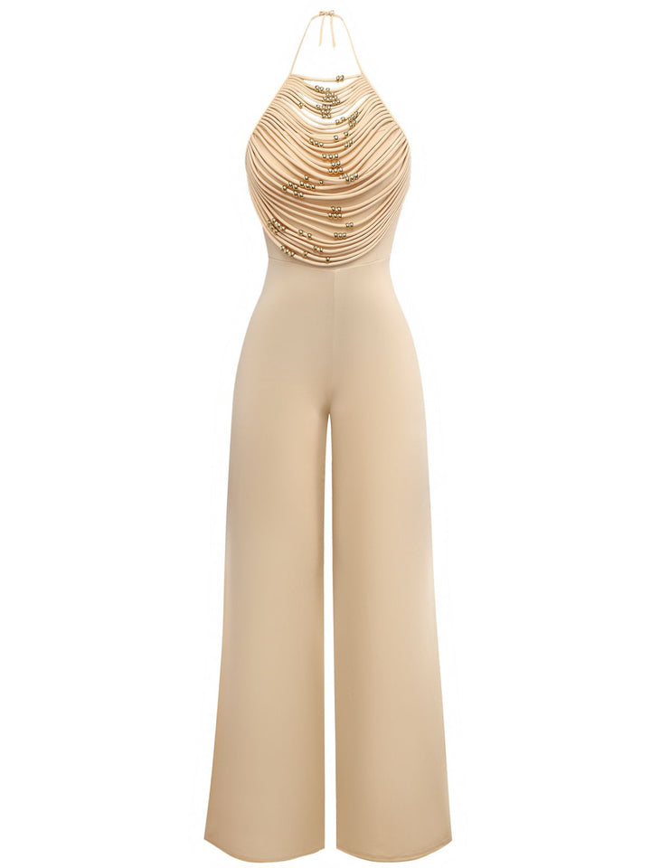 1960s Beaded Ruched Backless Wide-Leg Jumpsuit: beautiful vintage romper, retro jumpsuit, playful style with timeless appeal