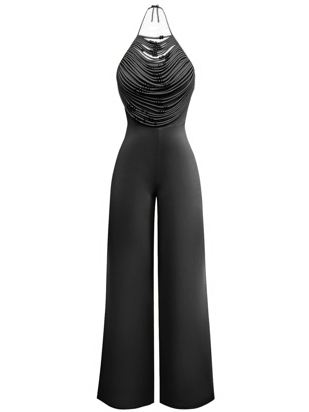 1960s Beaded Ruched Backless Wide-Leg Jumpsuit - vintage romper, retro jumpsuit, playful style for vintage lovers