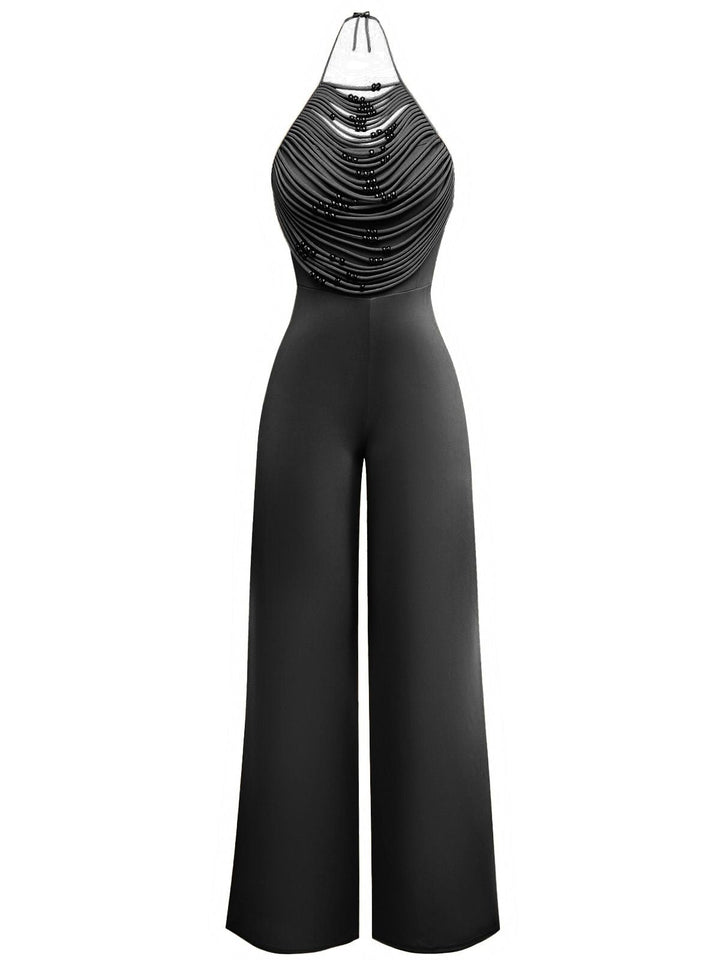 1960s Beaded Ruched Backless Wide-Leg Jumpsuit - vintage romper, retro jumpsuit, playful style for vintage lovers