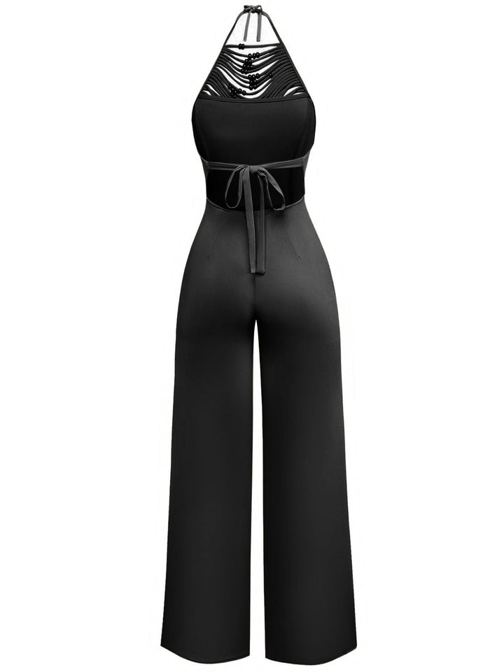 1960s Beaded Ruched Backless Wide-Leg Jumpsuit: beautiful vintage romper, retro jumpsuit, playful style with timeless appeal