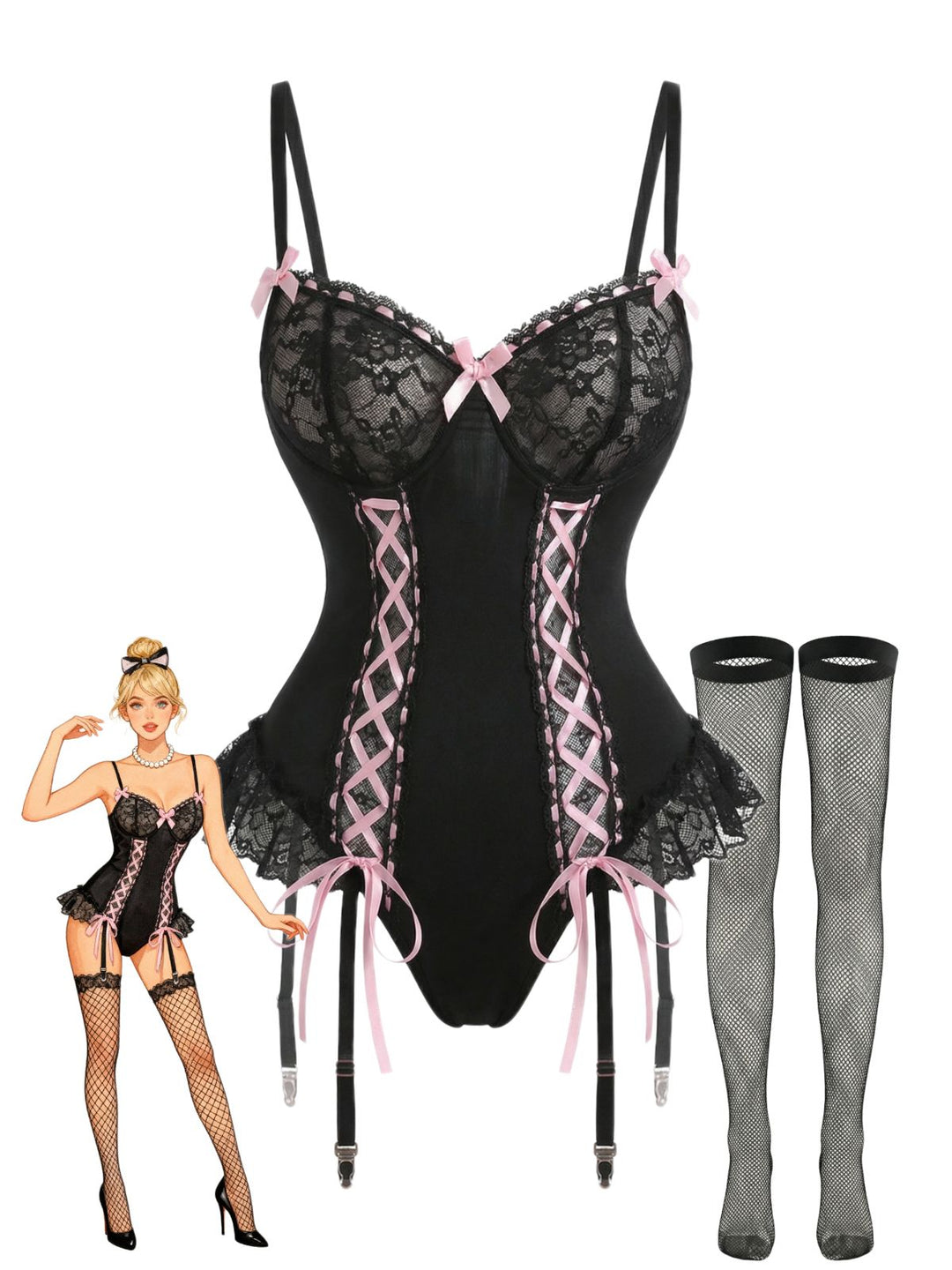 Black Lace Bow Corset Lingerie Set with Fishnet Stockings - vintage fashion, retro style, classic black