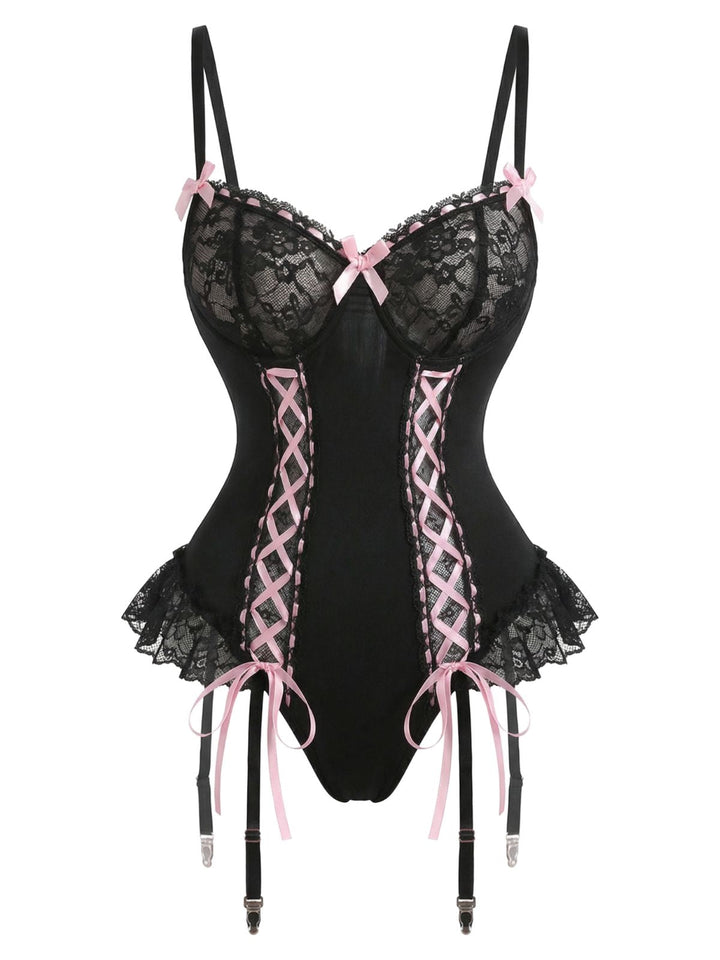 Black 1960s Lace Bow Corset Lingerie Set with Fishnet Stockings - vintage fashion, retro style, classic black