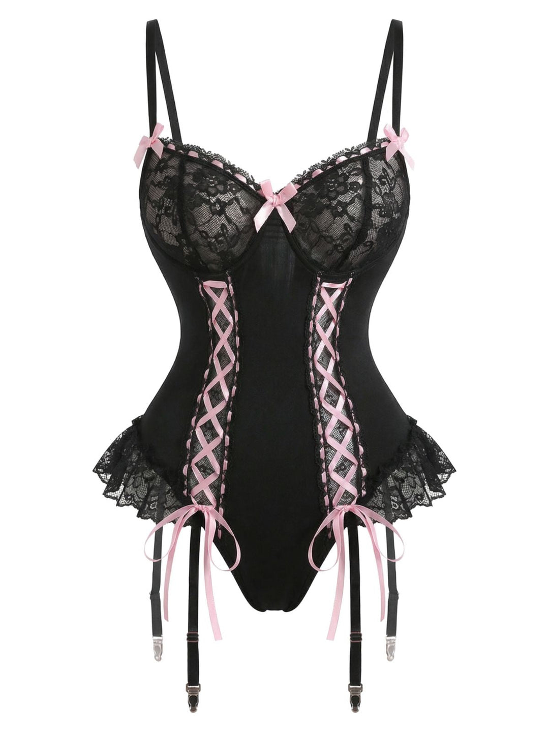 Black Lace Bow Corset Lingerie Set with Fishnet Stockings - vintage fashion, retro style, classic black