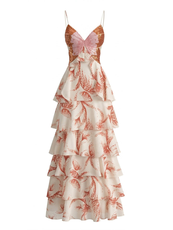 Pink 1930s Butterfly Tiered Ruffle Spaghetti Strap Maxi Dress - vintage dress, retro fashion for vintage lovers