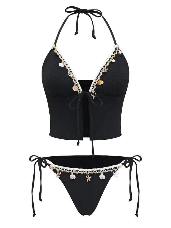 Black 1960s Seashell Detail Tied Halter Tankini Set - vintage fashion, retro style, classic black