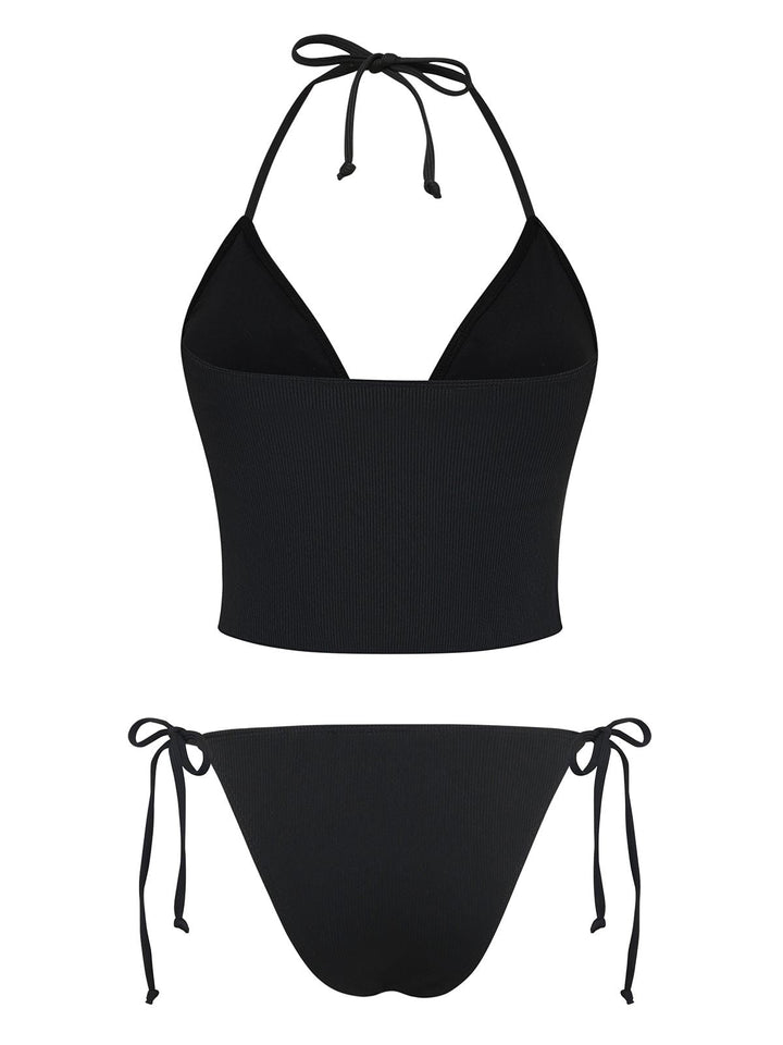 Black 1960s Seashell Detail Tied Halter Tankini Set - vintage fashion, retro style, classic black