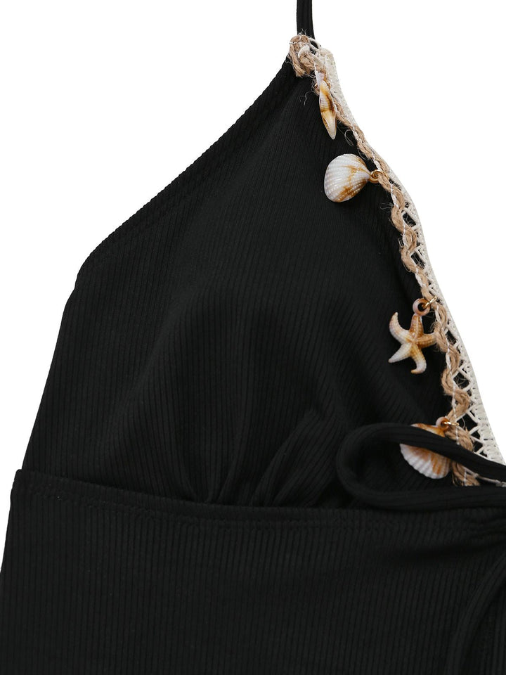 Black 1960s Seashell Detail Tied Halter Tankini Set - vintage fashion, retro style, classic black