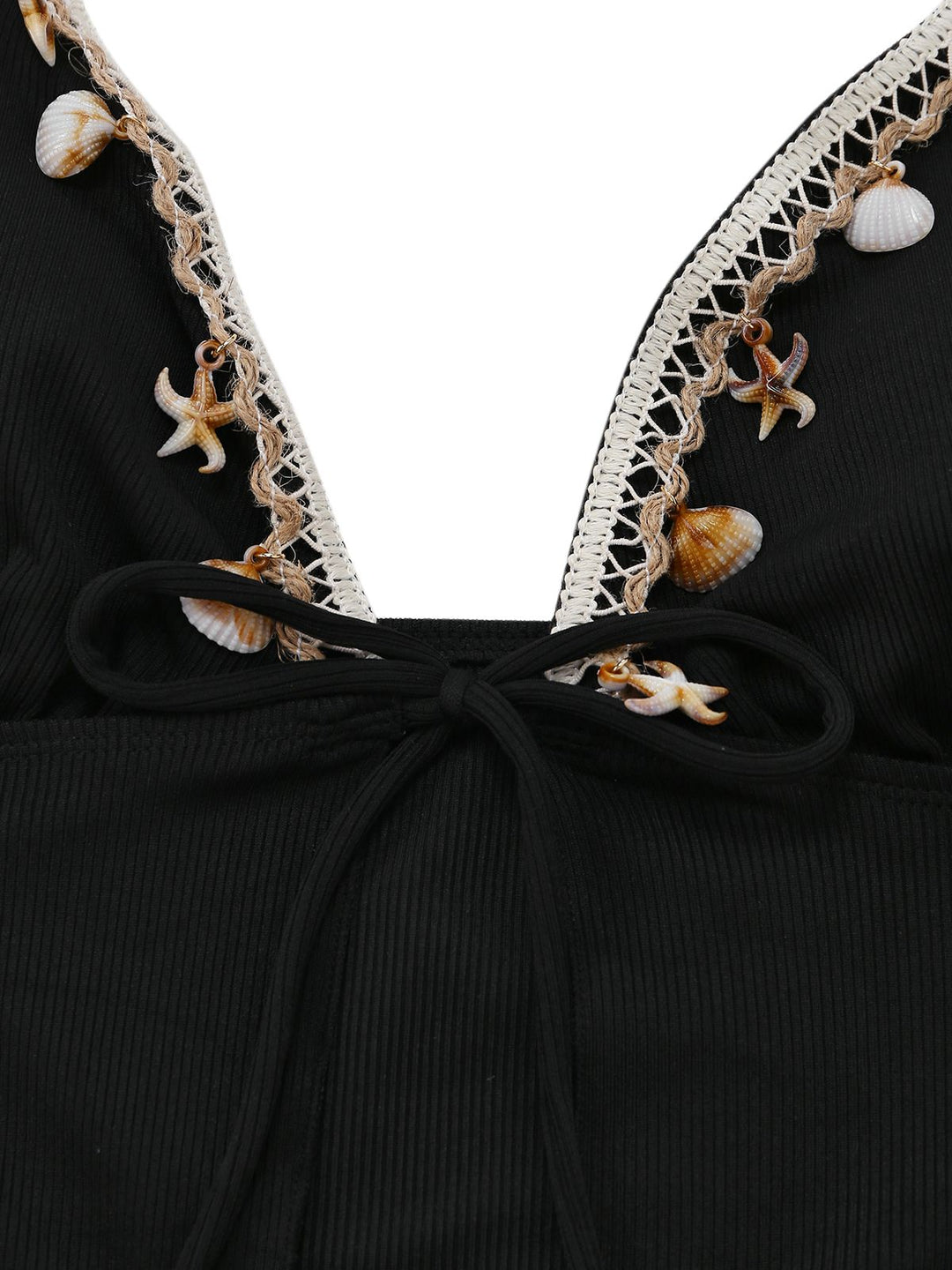 Black 1960s Seashell Detail Tied Halter Tankini Set - vintage fashion, retro style, classic black