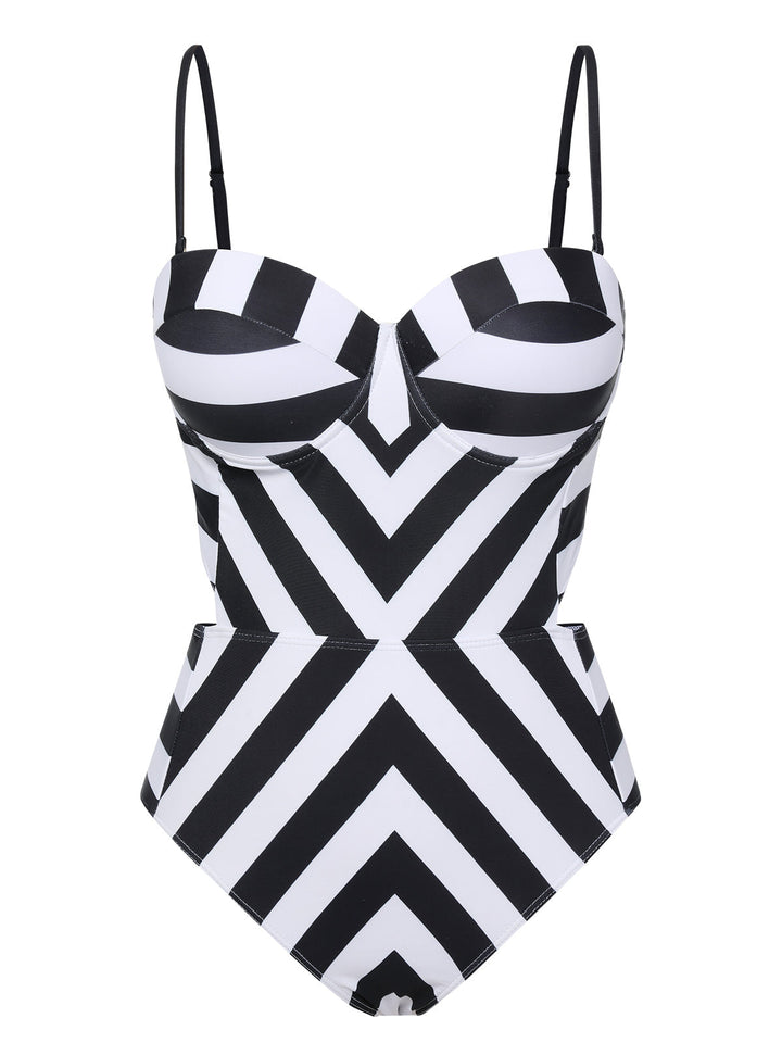 1960s Black White Contrast Stripes Swimsuit, vintage swimsuit, pin-up swimwear - perfect for women who love vintage and retro fashion
