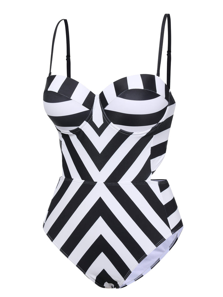 1960s Black White Contrast Stripes Swimsuit, vintage swimsuit, pin-up swimwear - perfect for women who love vintage and retro fashion