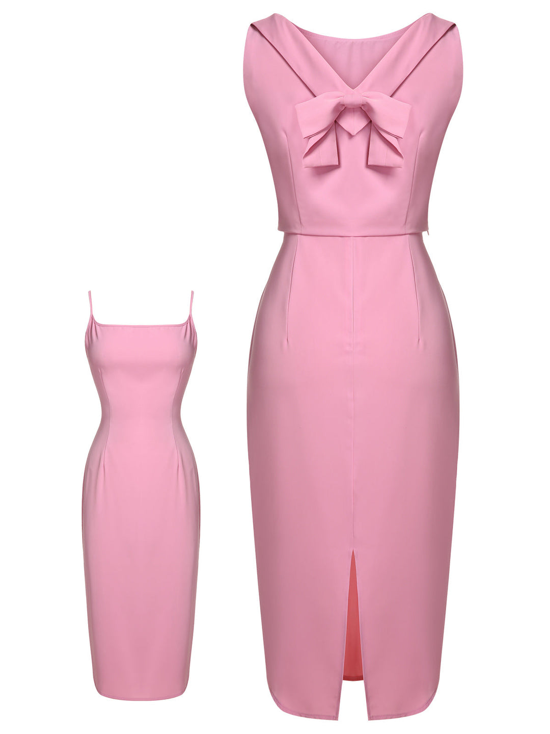 2PCS Pink 1960s Lapel Bowknot Blouse &amp; Solid Spaghetti Strap Dress - vintage dress, retro fashion