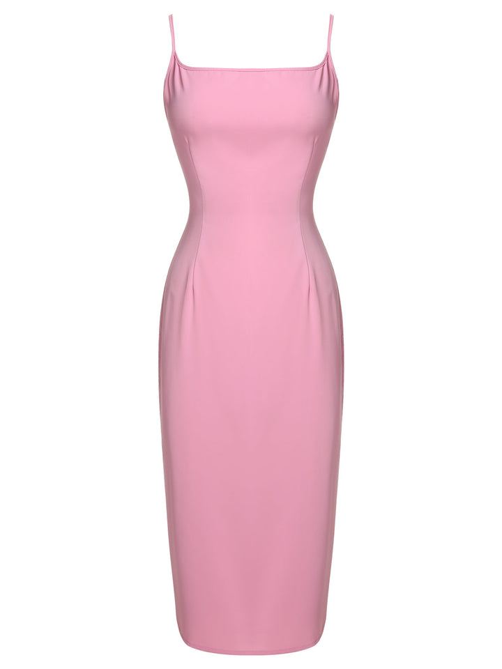 2PCS Pink 1960s Lapel Bowknot Blouse &amp; Solid Spaghetti Strap Dress - vintage dress, retro fashion