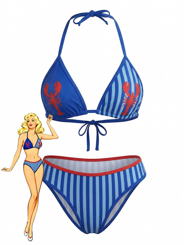 Blue 1960s Lobster Print Striped Triangle Bikini Set - vintage fashion, retro style
