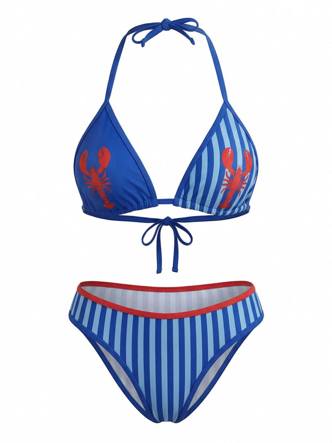 Blue 1960s Lobster Print Striped Triangle Bikini Set - vintage fashion, retro style