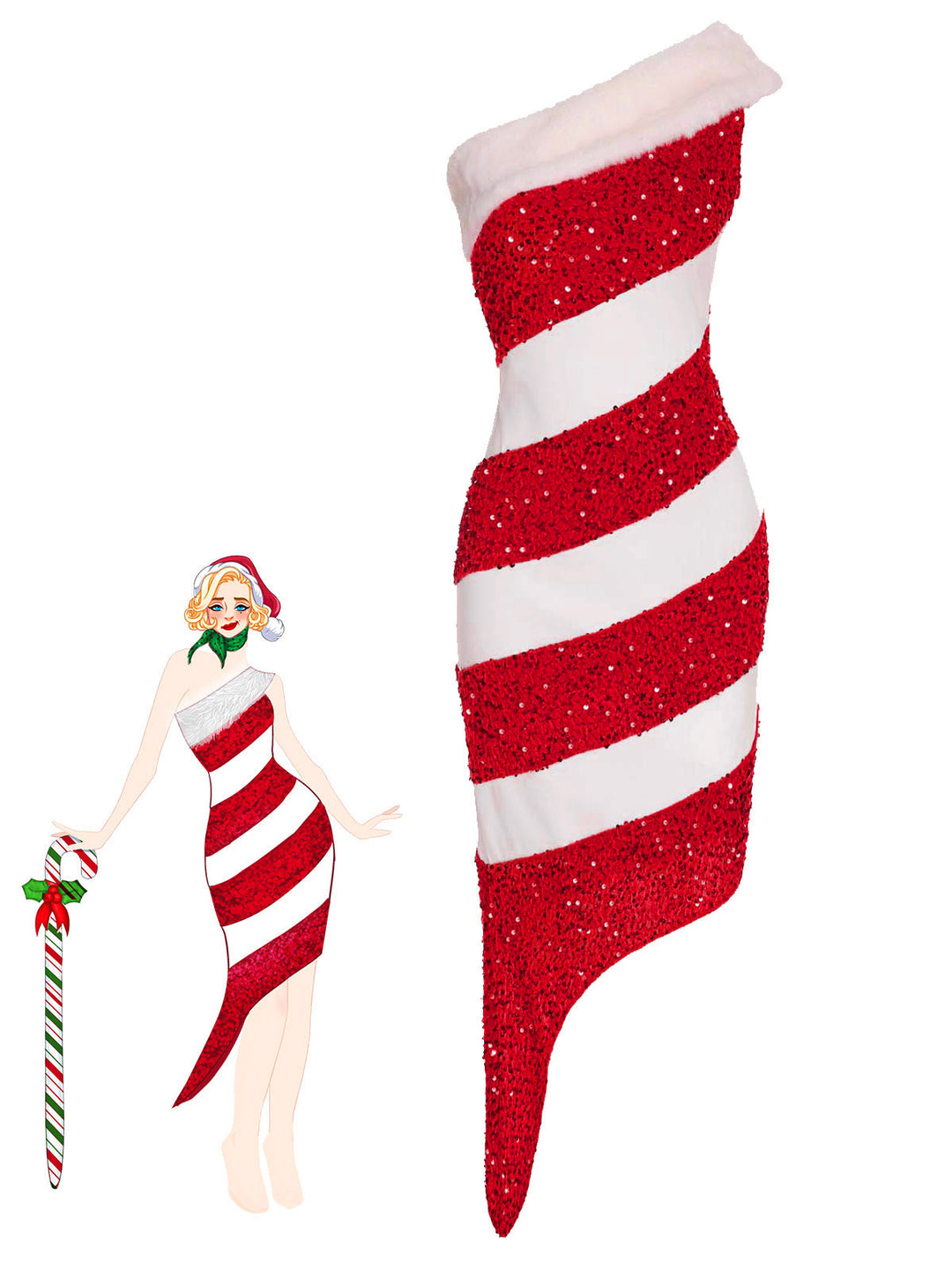 She slips into this 1960s Candy Cane One-Shoulder Dress and suddenly it&