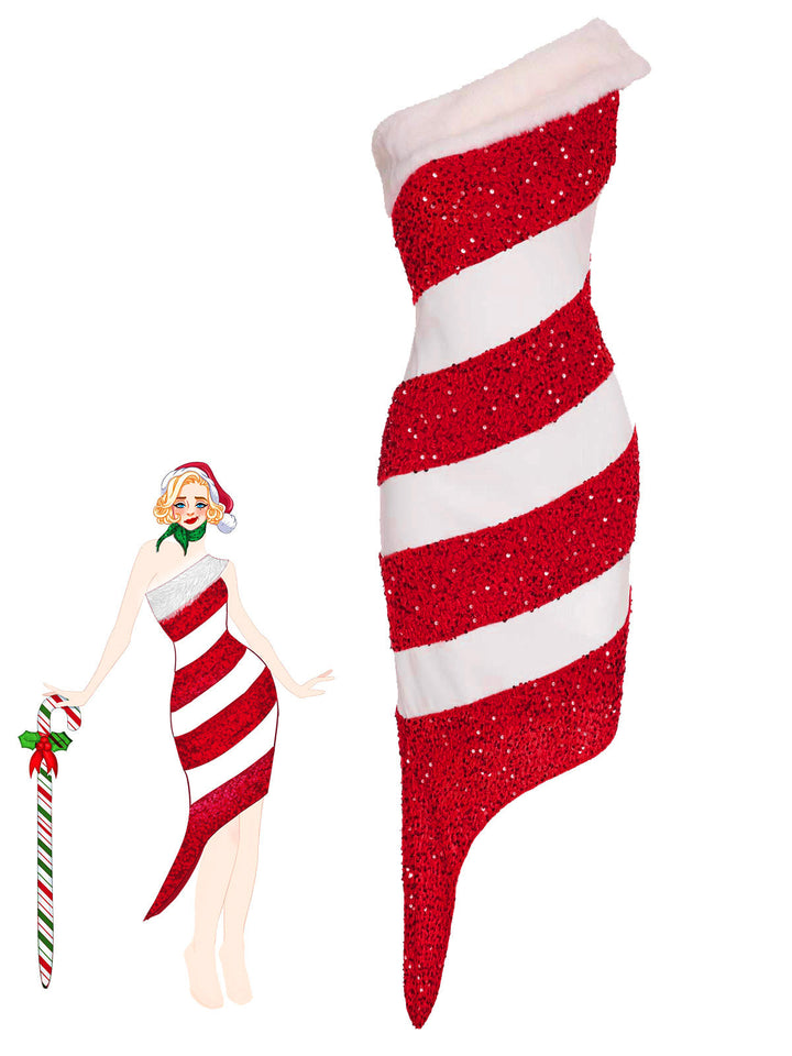 1960s Candy Cane One-Shoulder Dress — the kind of 1960s dress that makes strangers smile