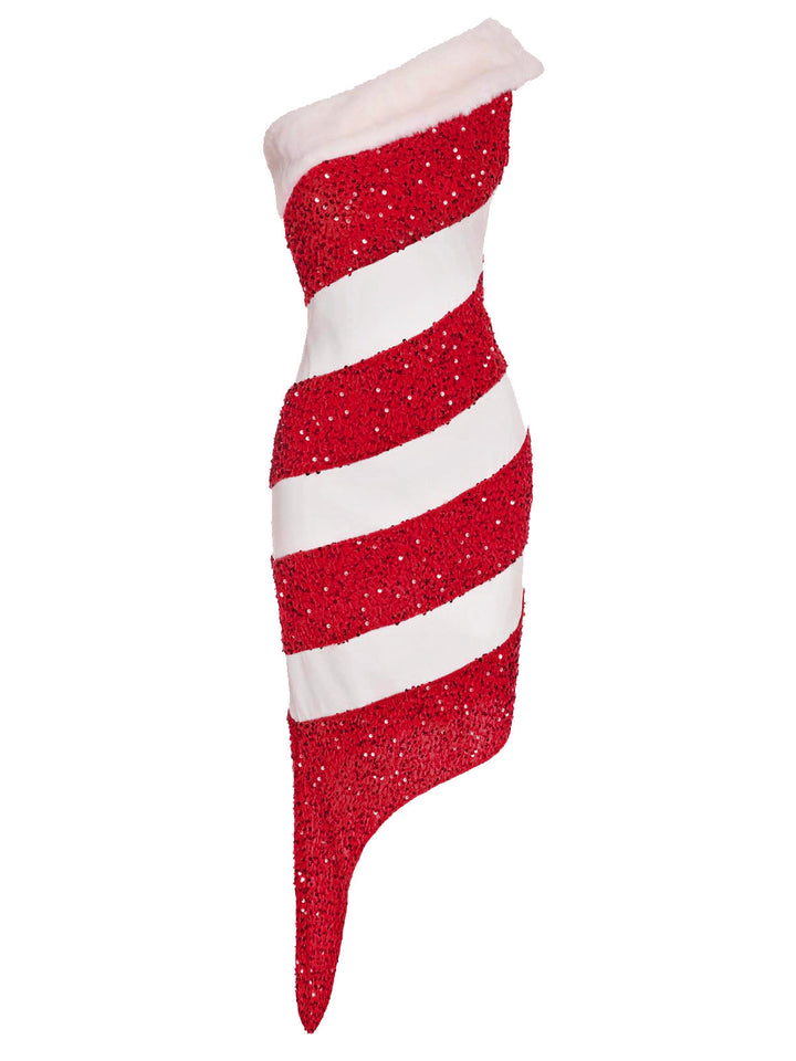 1960s Candy Cane One-Shoulder Dress — a 1960s silhouette that turns sidewalks into runways