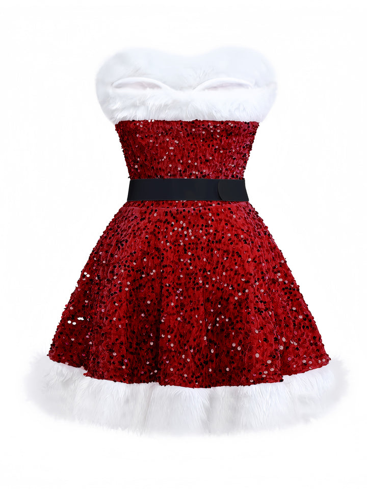 1960s Christmas Fur Sequin Strapless Dress - vintage dress, fashion