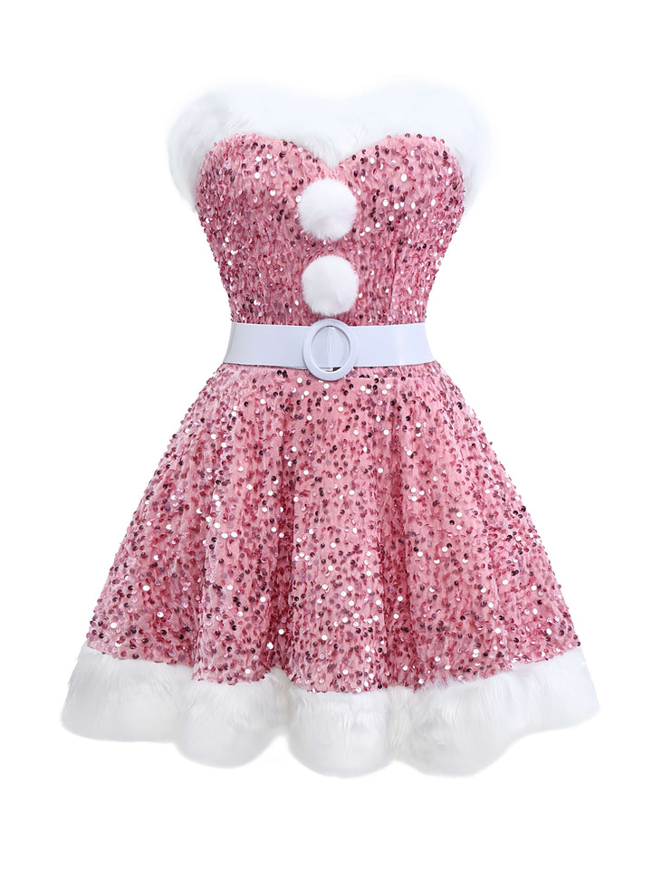 1960s Christmas Fur Sequin Strapless Dress - vintage dress, fashion