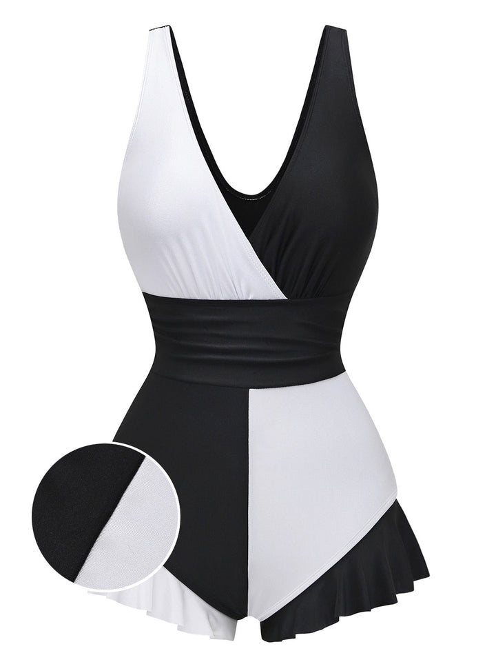 1960s Color Block Ruffle One Piece Swimsuit - vintage swimsuit, pin-up style