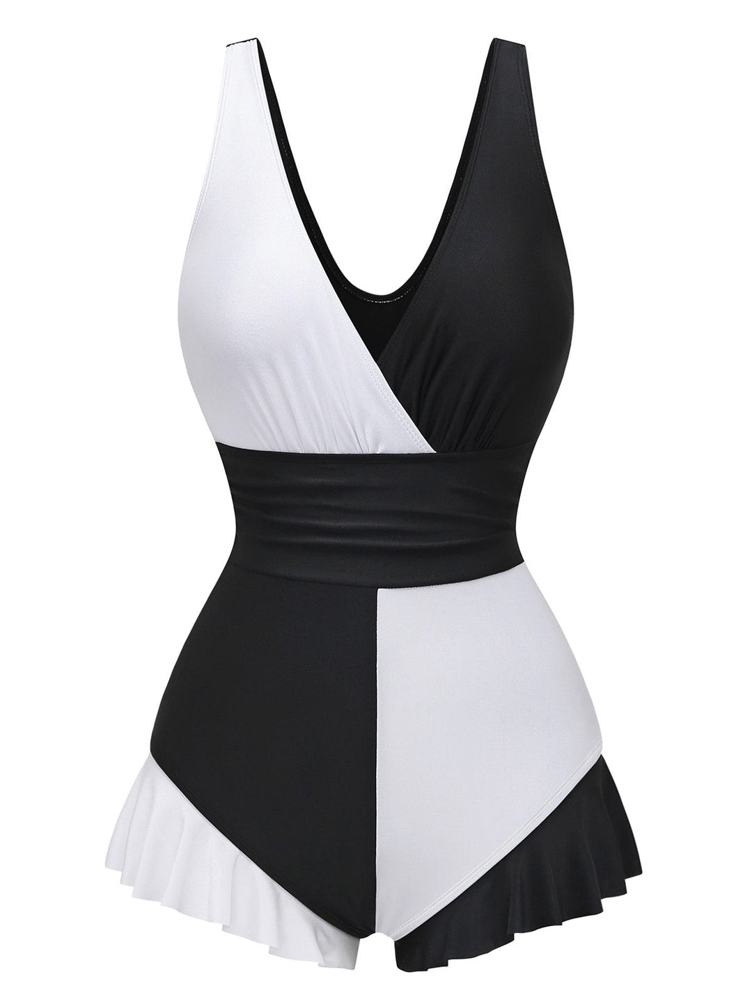 1960s Color Block Ruffle One Piece Swimsuit - vintage swimsuit, pin-up style