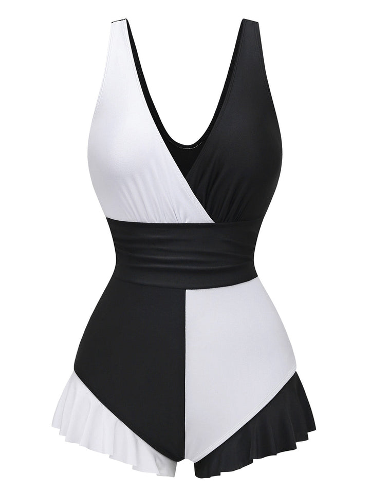1960s Color Block Ruffle One Piece Swimsuit - vintage swimsuit, pin-up style