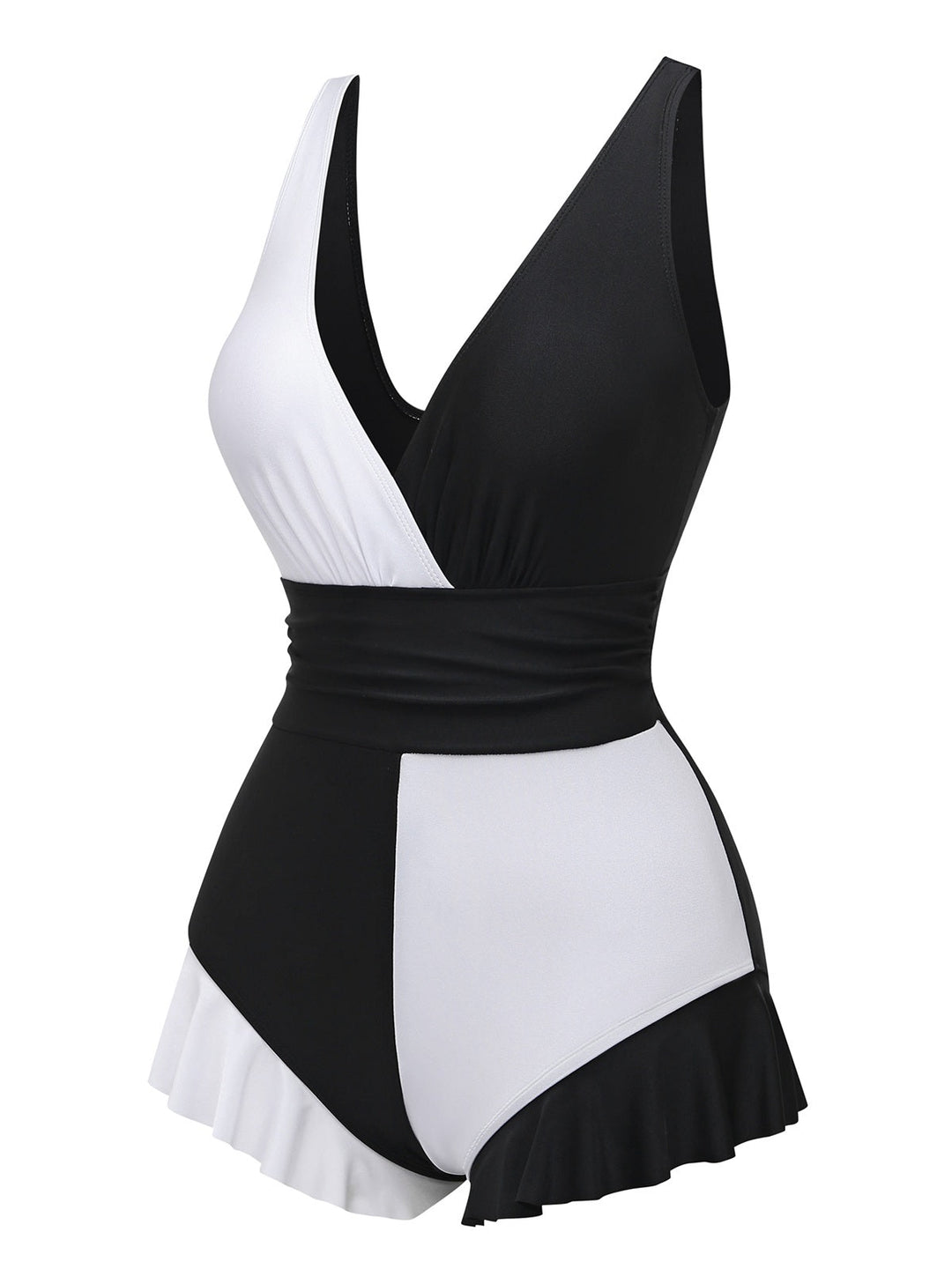 1960s Color Block Ruffle One Piece Swimsuit - vintage swimsuit, pin-up style