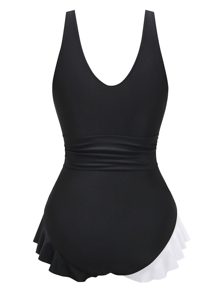 1960s Color Block Ruffle One Piece Swimsuit - vintage swimsuit, pin-up style