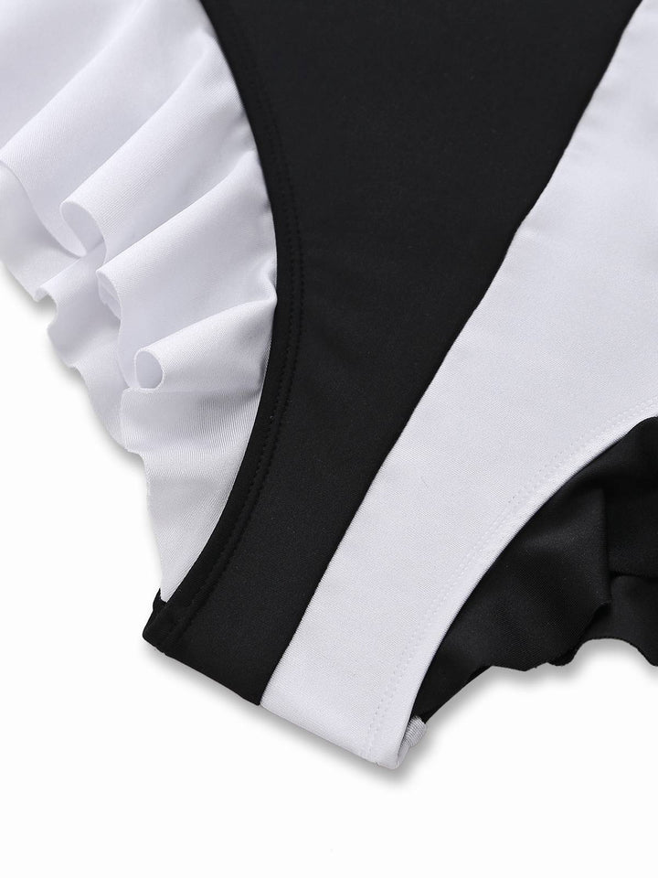 1960s Color Block Ruffle One Piece Swimsuit - vintage swimsuit, pin-up style
