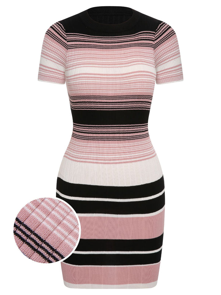 She slips into this 1960s Color Block Striped Knit Slim Dress and suddenly it&