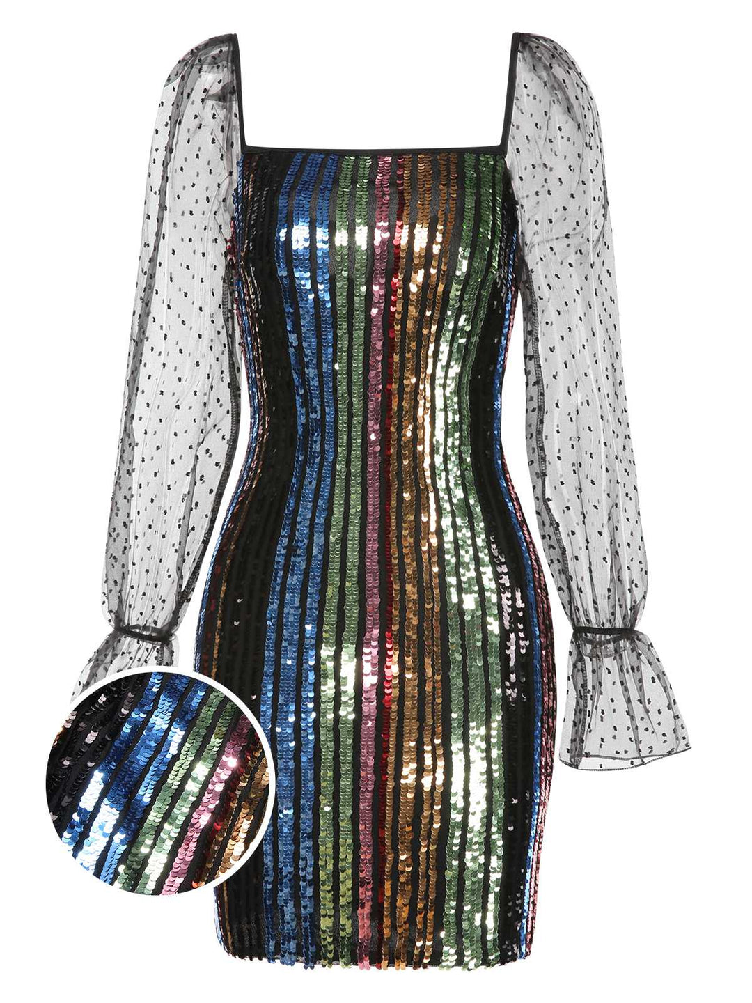 She slips into this 1960s Colorful Stripes Sequined Mesh Dress and suddenly it&