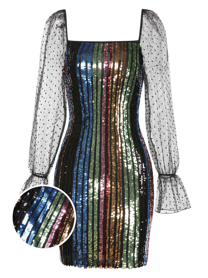 She slips into this 1960s Colorful Stripes Sequined Mesh Dress and suddenly it&
