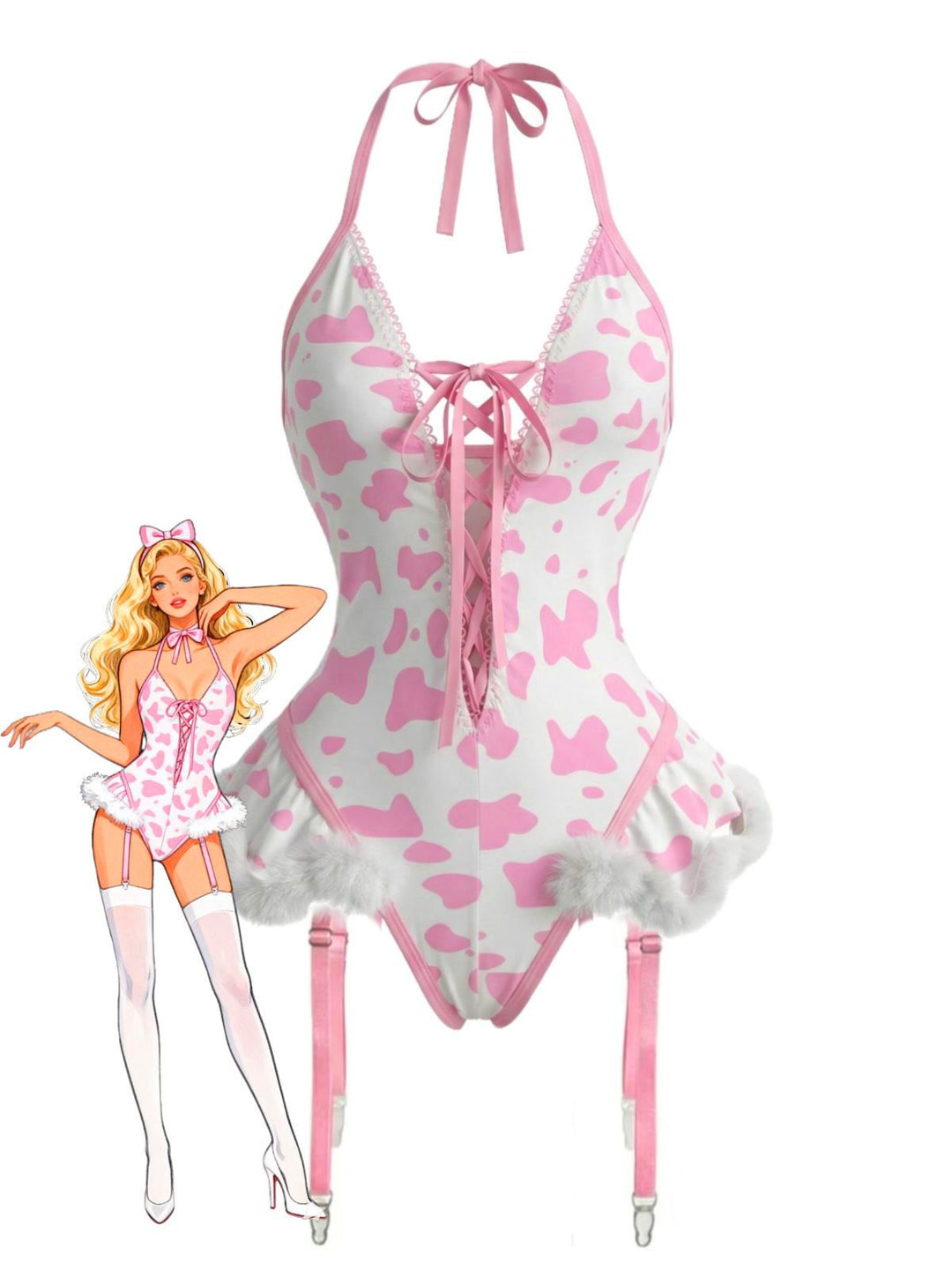 Cow-Spotted Halter Lace-Up Plush Lingerie Set - vintage fashion, retro style