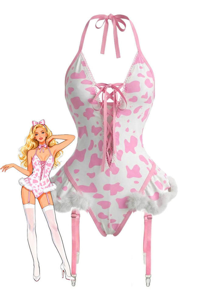Cow-Spotted Halter Lace-Up Plush Lingerie Set - vintage fashion, retro style