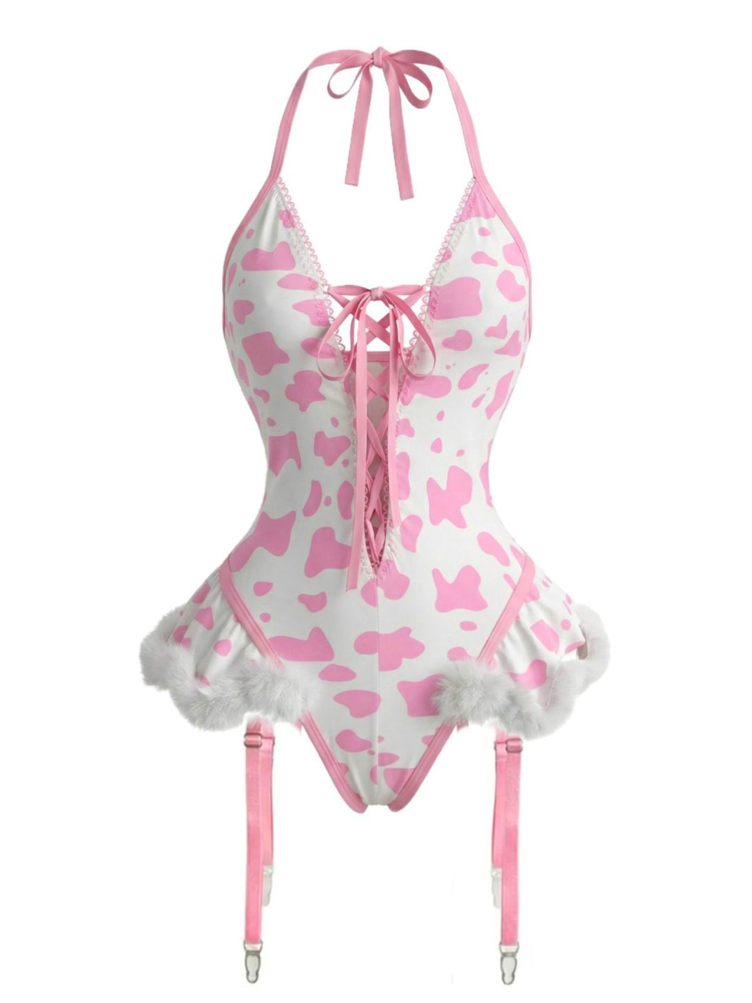 Cow-Spotted Halter Lace-Up Plush Lingerie Set - vintage fashion, retro style