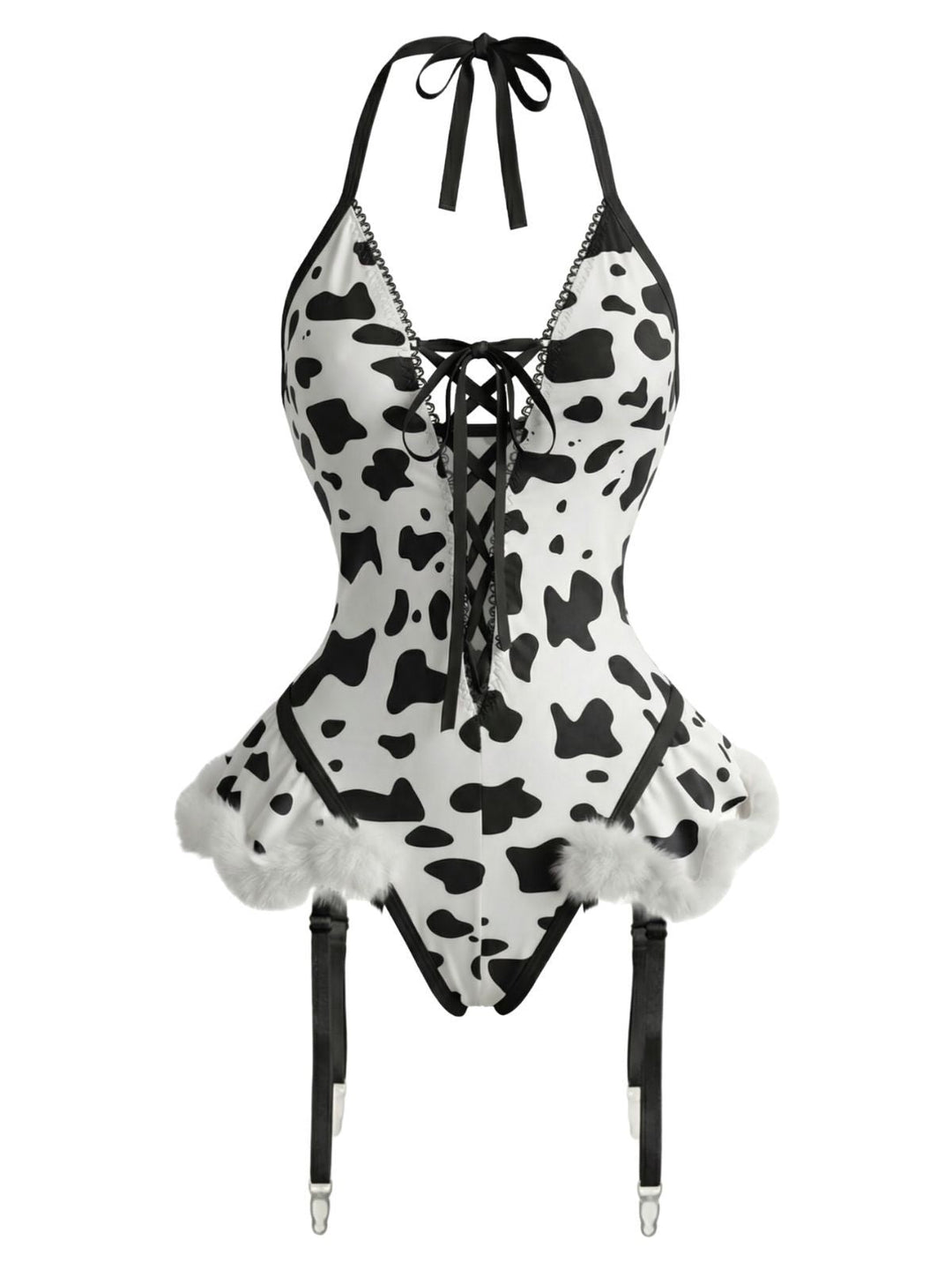 Cow-Spotted Halter Lace-Up Plush Lingerie Set - vintage fashion, retro style