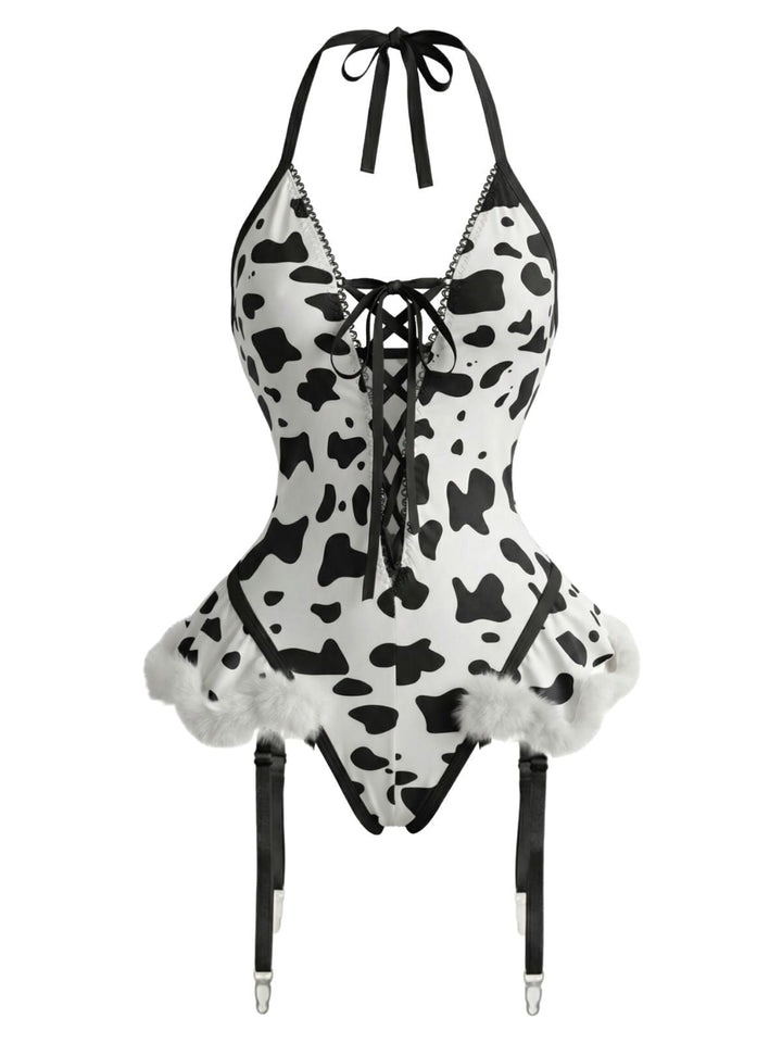 Cow-Spotted Halter Lace-Up Plush Lingerie Set - vintage fashion, retro style