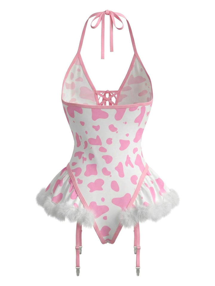 Cow-Spotted Halter Lace-Up Plush Lingerie Set - vintage fashion, retro style