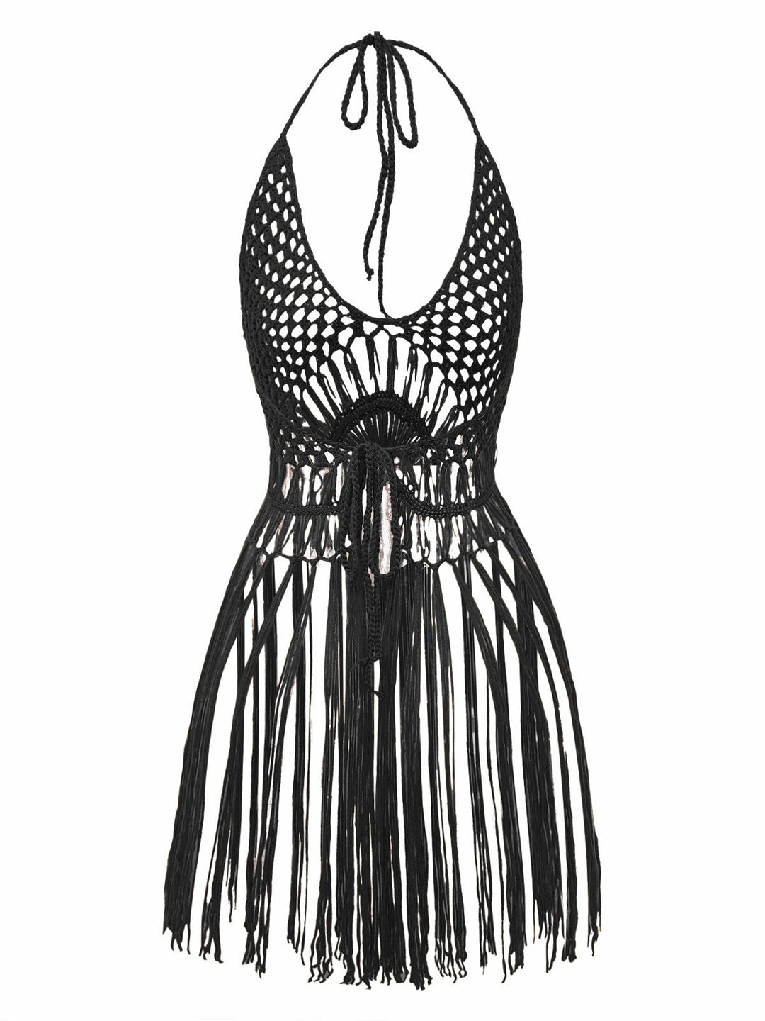 1960s Crochet Fringe Cutout Halter Bikini Cover-Up - vintage fashion, retro style