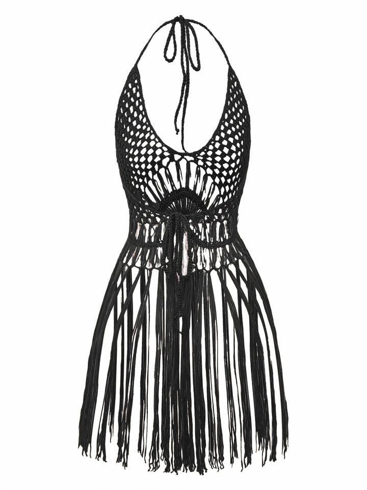 1960s Crochet Fringe Cutout Halter Bikini Cover-Up - vintage fashion, retro style