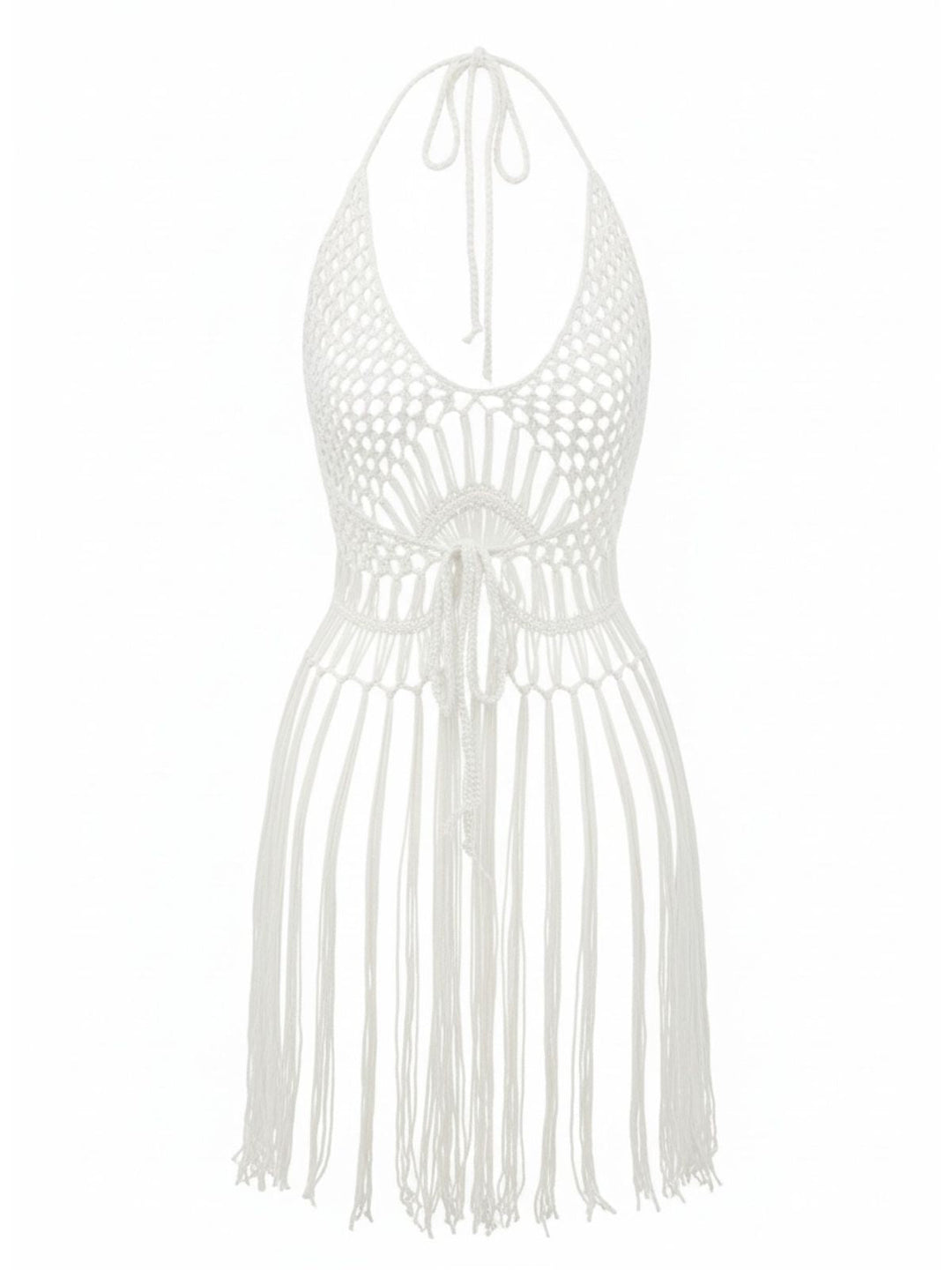 1960s Crochet Fringe Cutout Halter Bikini Cover-Up - vintage fashion, retro style