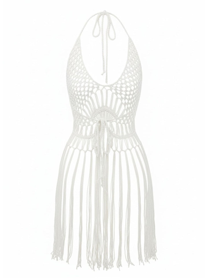 1960s Crochet Fringe Cutout Halter Bikini Cover-Up - vintage fashion, retro style