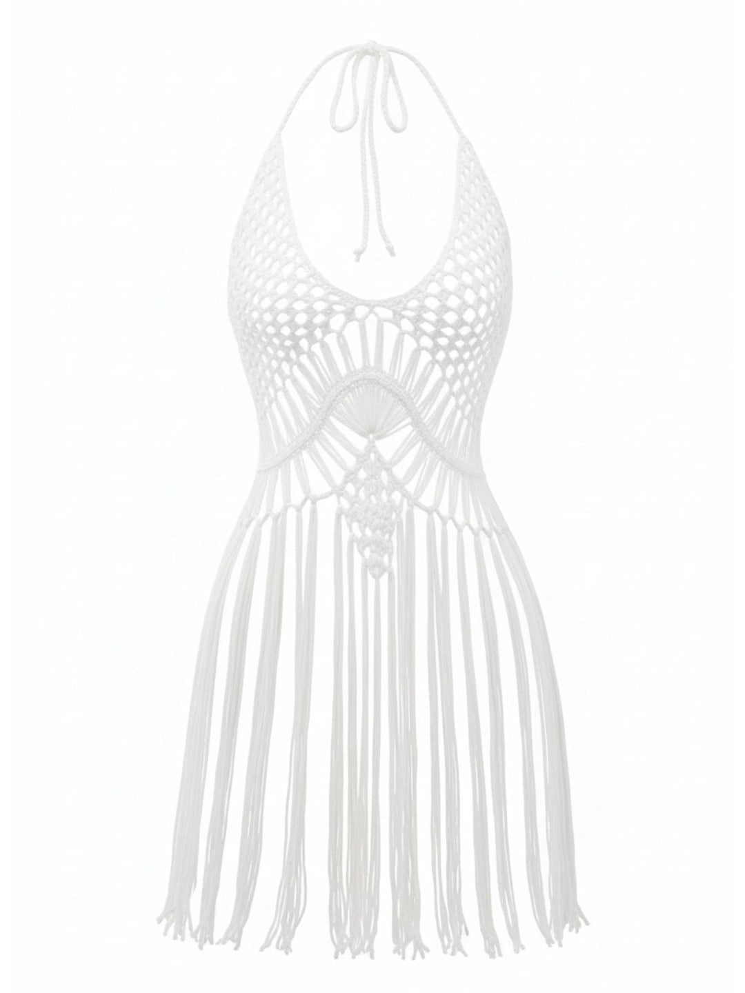 1960s Crochet Fringe Cutout Halter Bikini Cover-Up - vintage fashion, retro style