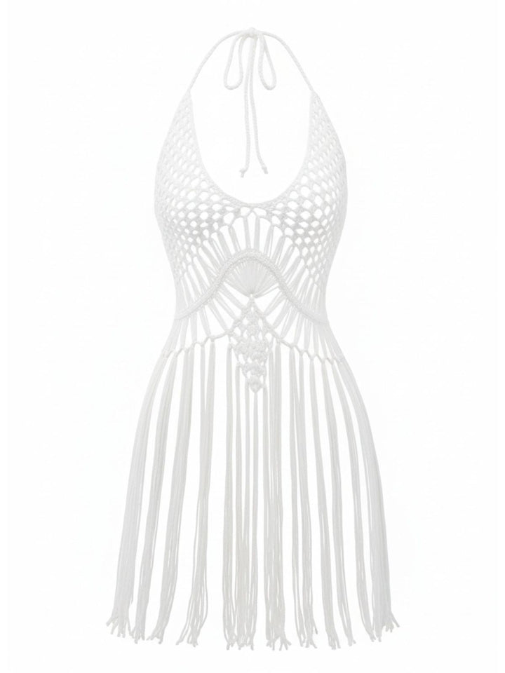 1960s Crochet Fringe Cutout Halter Bikini Cover-Up - vintage fashion, retro style