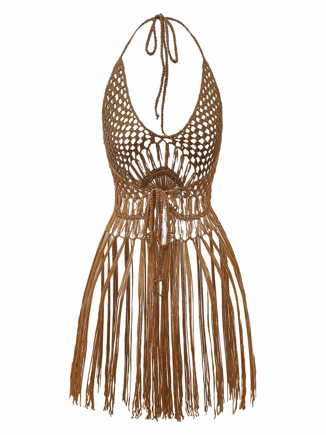 1960s Crochet Fringe Cutout Halter Bikini Cover-Up - vintage fashion, retro style