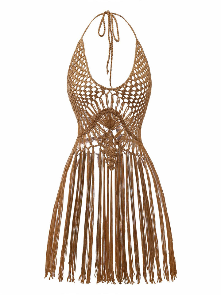 1960s Crochet Fringe Cutout Halter Bikini Cover-Up - vintage fashion, retro style