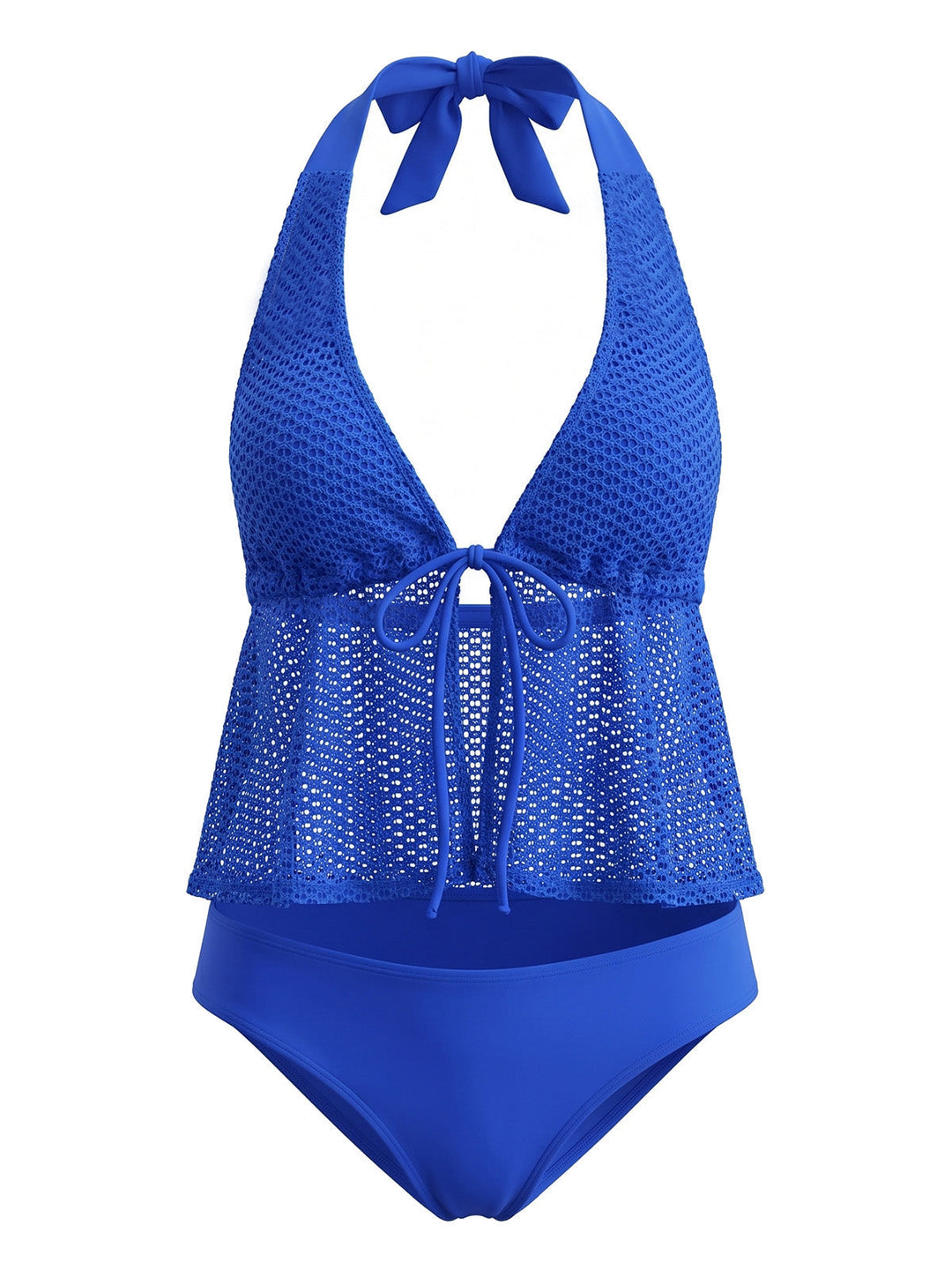 Crochet Mesh Halter Tie-Front Tankini Swimsuit Set - vintage swimsuit, swimwear for vintage lovers