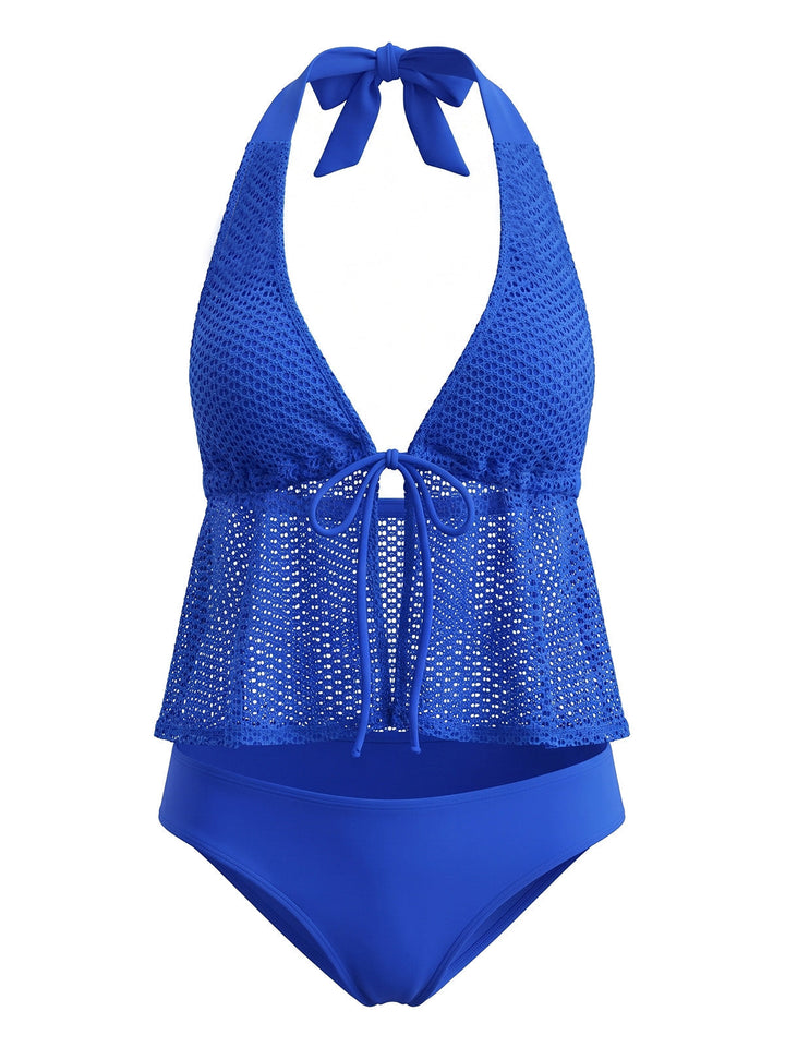Crochet Mesh Halter Tie-Front Tankini Swimsuit Set - vintage swimsuit, swimwear for vintage lovers